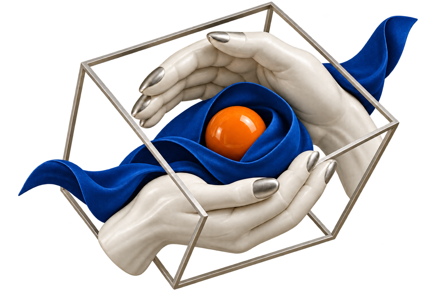 Sculptural hands protecting a blue ribbon and an orange sphere, symbolising care and readiness